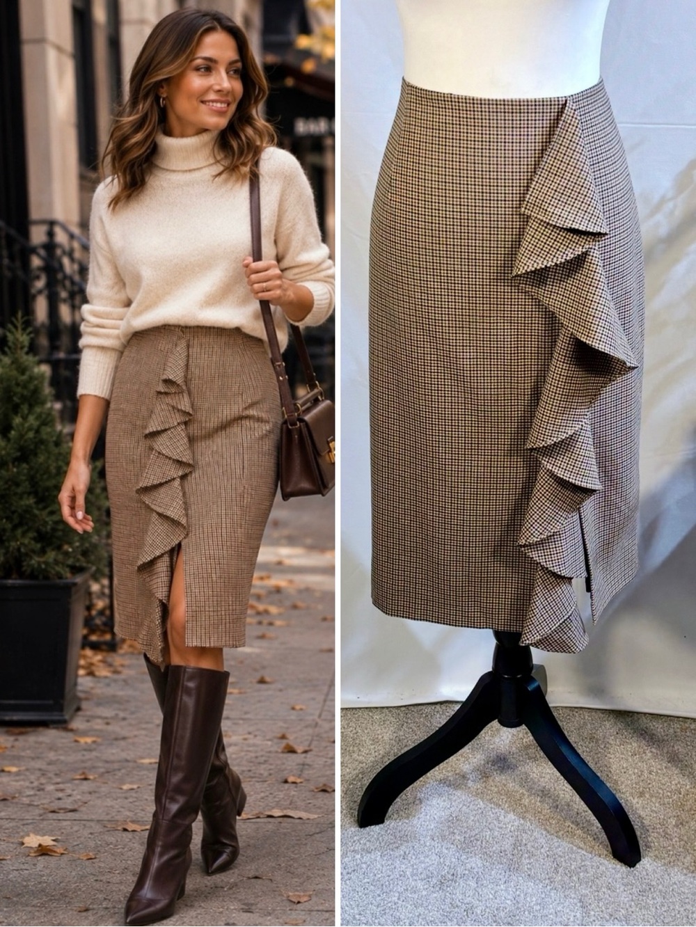 ☀️Antonio Melani Plaid Micro Houndstooth Ruffle Pencil Skirt Brown Sz 8🧡